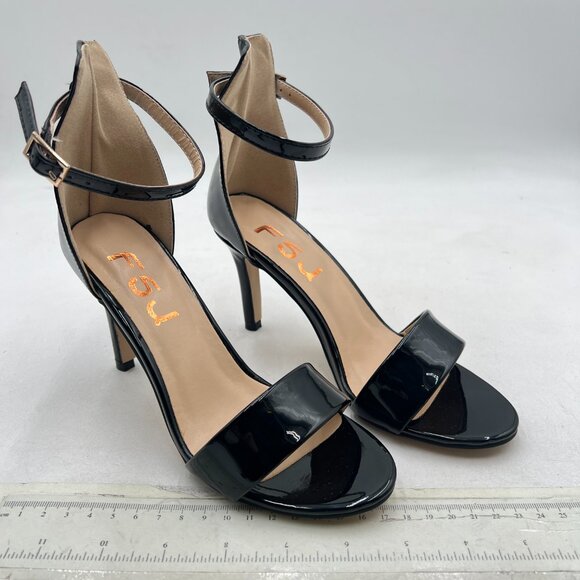 FSJ Black Comfy Open Toe Summer Sandals Ankle Strap High Heels Strappy Shoes - Picture 4 of 8